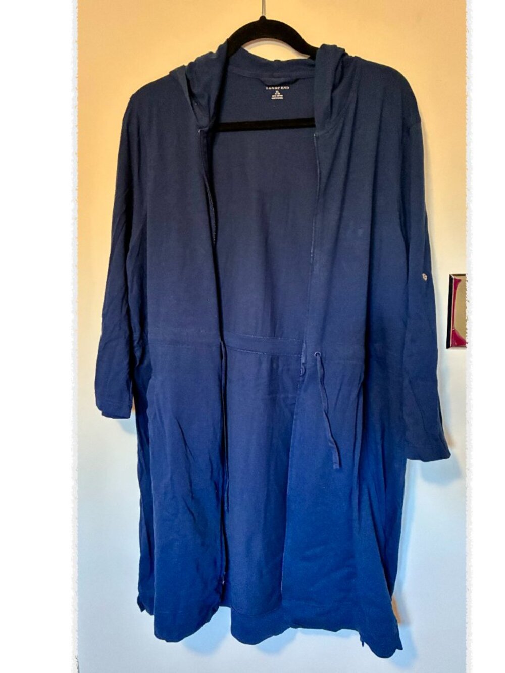 LANDS' END Womens XL Navy Blue ZipUp 3/4 Sleeve Hoodie Robe Swim Cover Up Cotton - Picture 8 of 10